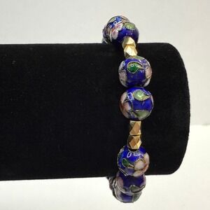 Cloisonne Floral Bead Bracelet Blue Flower Gold Accents Stretchy Fashion Jewelry